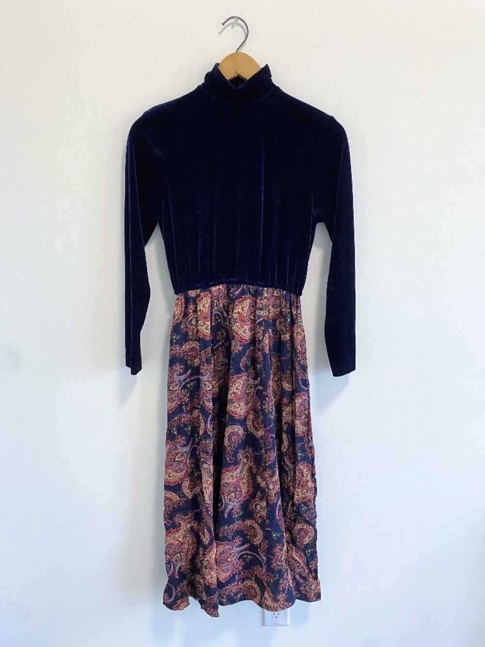 Vintage Mock Neck Midi Dress w/ Velour Top + Paisley Skirt / 80s